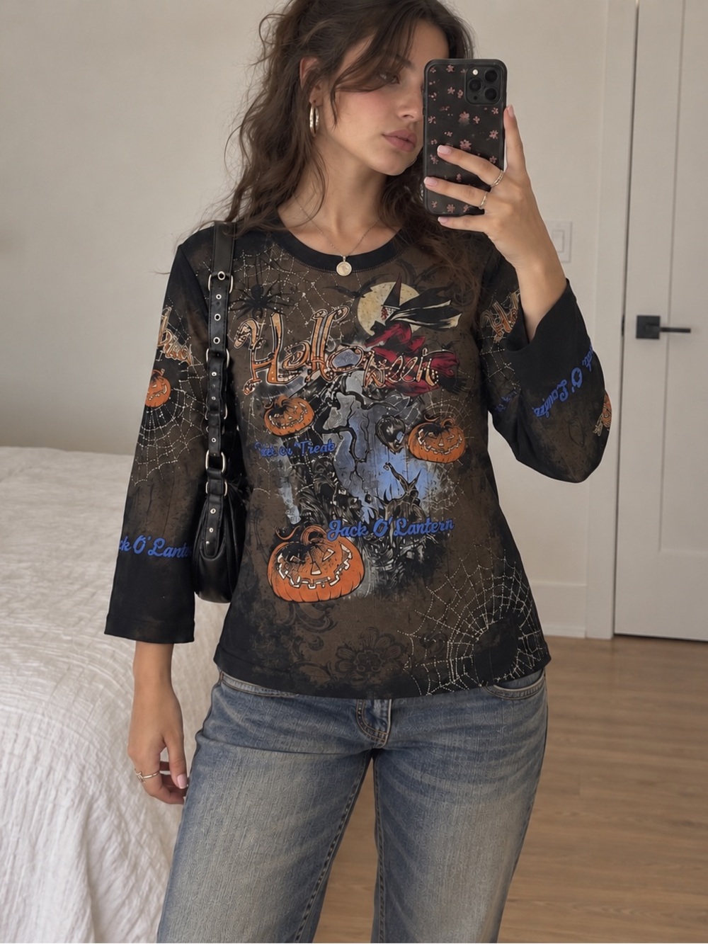 Y2K Halloween Witch Pumpkin Spiderweb Trick or Treat 3/4 Sleeve Top